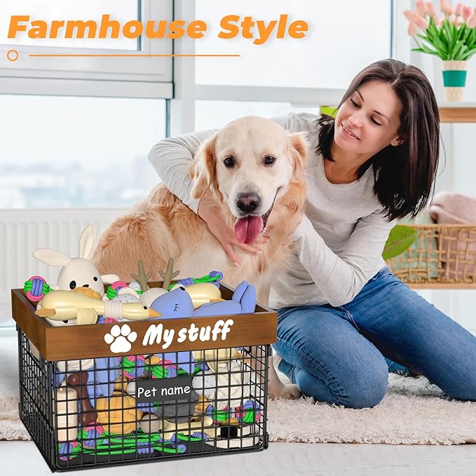 Dog Toy Bin Toy Basket Metal Storage Box with Handles Dog Organizer Chew-Proof Dog Toy Box Blankets Leashes Chest Puppy Dog Toy Storage Wood Metal Container Home Decor Pet Toys Dog Cat