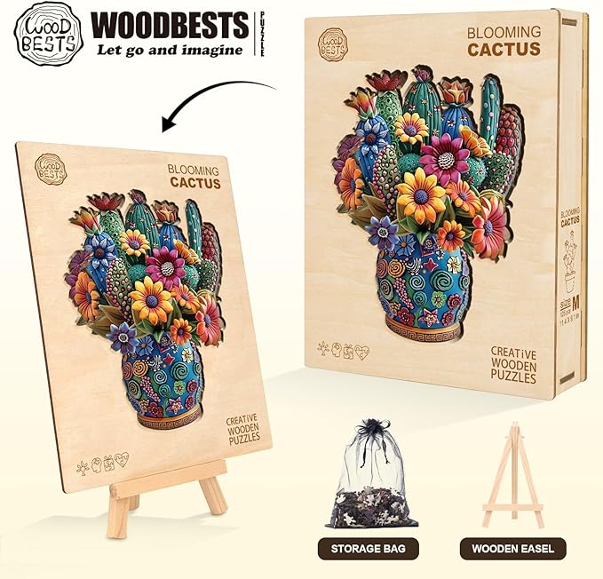 KAAYEE Wooden Puzzles for Adults, Blooming Cactus Jigsaw Puzzles, 125 Piece Unique Shape Puzzle, Creative Gifts for Adults/Friends/Family, Family Game，Wall Decor(11.4 * 9.1in)