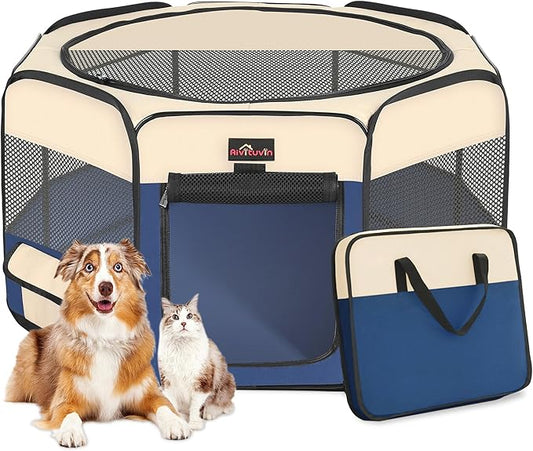 Aivituvin Dog Playpen, Foldable Pet Play Pens with Carrying Bag for Cat, Puppies, Rabbits, Portable Dog Tent Crates Cage for Travel Camping Indoor Outdoor, Removable Shade Cover, Blue M