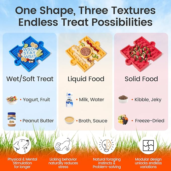 HowGo Puzzle Slow Feeder Lick Mat for Dogs, 38+ Suction Cups|Non-Slip Heavy Duty Maze Enrichment Bowl BPA-Free Silicone|Reduce Boredom Anxiety Free Combination (3PCs, Blue&Yellow&Red)