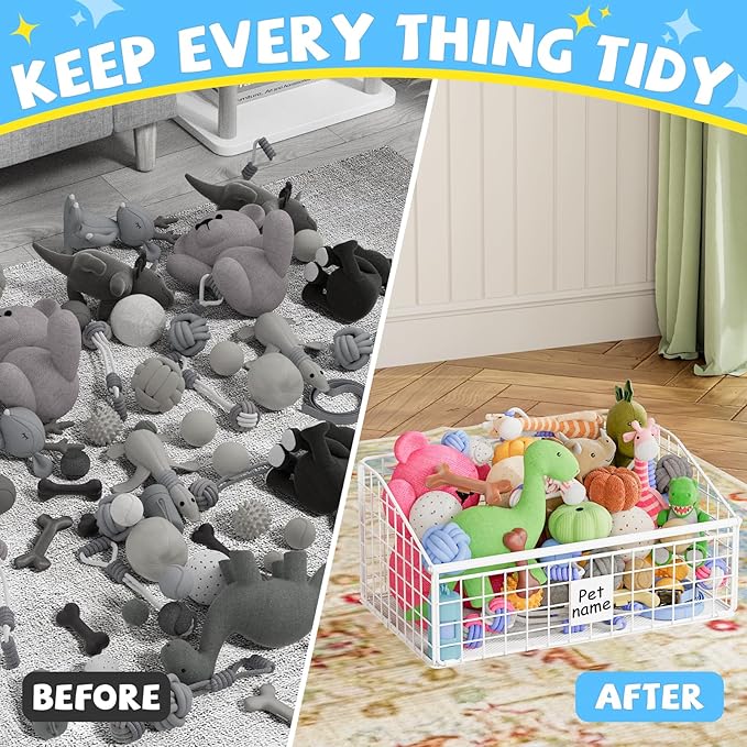 Indestructible Dog Toy basket, Medium Toy Box for Dogs,Pet Toy Bin Dog Metal Basket for Toys, Dog Toy Storage, Dog Storage Organizer,Dog Toy Box for Living Room Area (White)