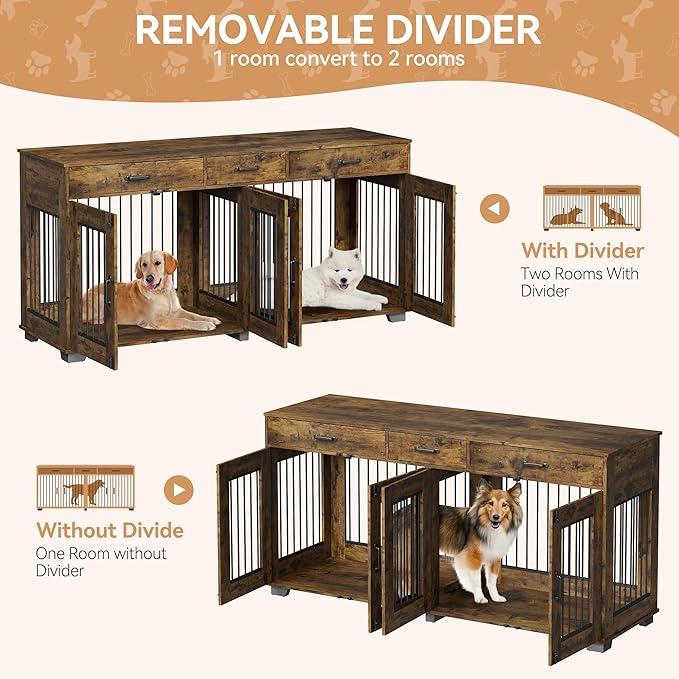 Dog Crate Furniture for 2 Dogs, 71'' XXL Indoor Dog Kennel with 3 Drawers and Removable Room Divider, Wooden Double Dog CrateTV Stand End Table with Double Doors for Large Medium Dogs, Brown