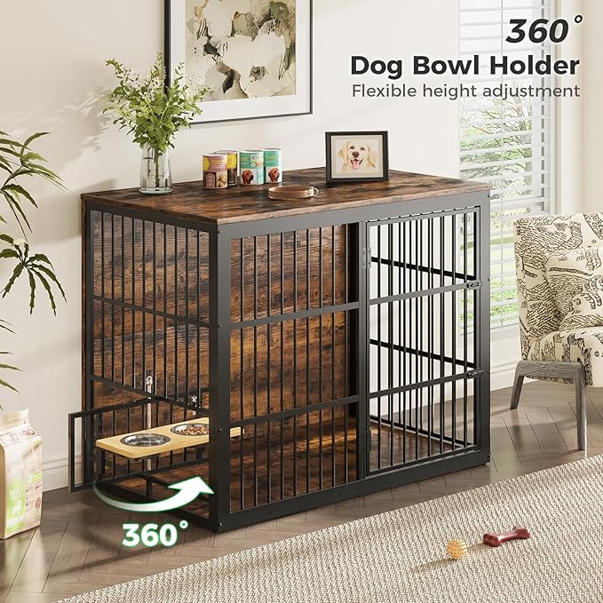 Lyromix 48'' XXL Dog Crate Furniture with Rotating Feeder, Large Wooden Crate End Table, Heavy Duty Indoor Kennel Cage for Medium to Large Dogs, Brown