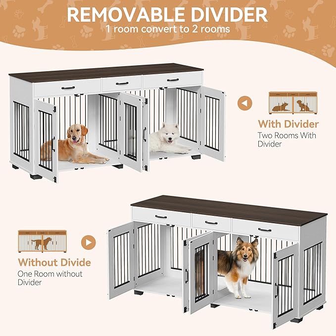 71 in Dog Crate Furniture for 2 Dogs, Wooden Double Dog Crate with 3 Drawers and Removable Room Divider, XXL Indoor Dog Kennel TV Stand End Table with Double Doors for Large Medium Dogs, White