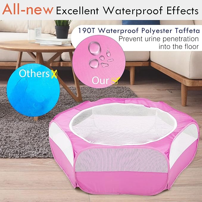Pawaboo Small Animals Playpen, Waterproof Small Pet Cage Tent with Zippered Cover, Portable Outdoor Yard Fence with 3 Metal Rod for Chick/Kitten/Puppy/Guinea Pig/Rabbits/Hamster/Chinchillas,Magenta
