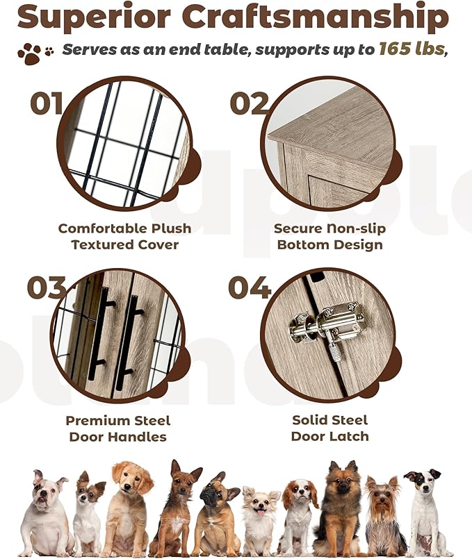 Dog Crate Furniture, 38 inch Large Dog Crates with Bed Mat, Wooden Dog Kennel Furniture, End Side Table Dog Cage with 3 Doors, Greige