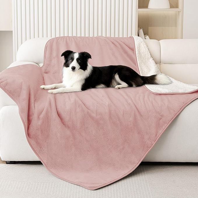 Smiry Waterproof Dog Bed Blanket, Leakproof Pet Throw Blanket for Bed Couch Sofa, Reversible Sherpa Fleece Furniture Protector Cover for Small Medium Large Dogs Cats (Dusty Pink, 50x60 inches)