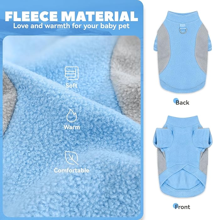 Small Dog Sweater with Leash Ring Soft Warm Fleece Fall Winter Dog Clothes Cute Cat Apparel Puppy Sweaters Classic Pullover Doggy Sweatshirts Chihuahua Costumes Cat Outfits(Blue,L)