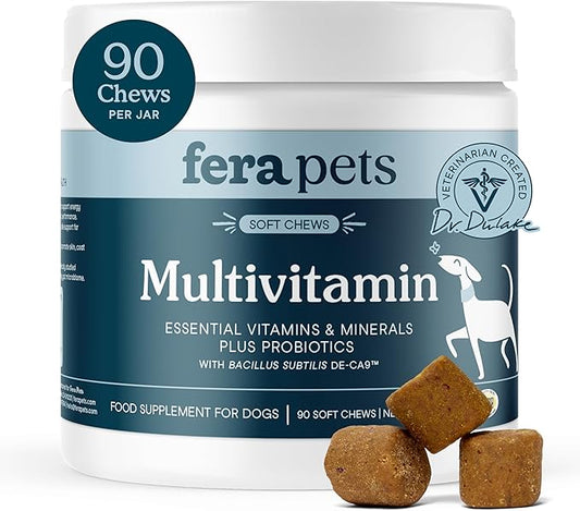 Fera Pets Dog Multivitamin Chews with Glucosamine and Probiotics - Essential Dog Vitamins & Minerals - Promotes Healthy Digestion & Joints - Boosts Skin & Coat Health with Omega-3s - 90 Soft Chews