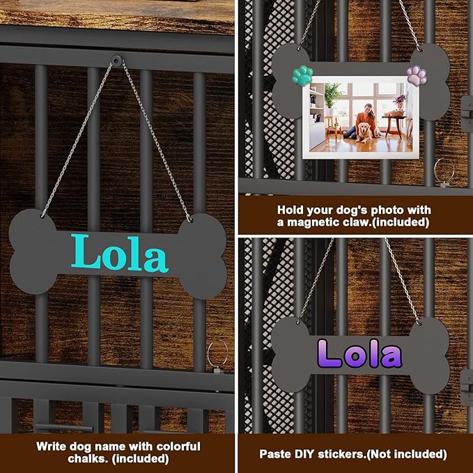 Easycom Foldable Large Dog Crate Furniture, 41.3" Assembly-Free Dog Crates for Large Dogs, Wooden Dog Kennel Indoor with Tag & Dog Bowls, Dog Cage Use as TV Stand, Rustic Brown