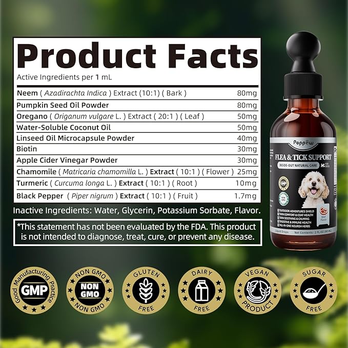Flea & Tick Drops for Dogs – Natural Prevention with Neem, Oregano & Pumpkin Seed Oil – Liquid Supplement, Beef Flavor, 2 FL Oz, Long-Lasting Protection for All Breeds & Sizes
