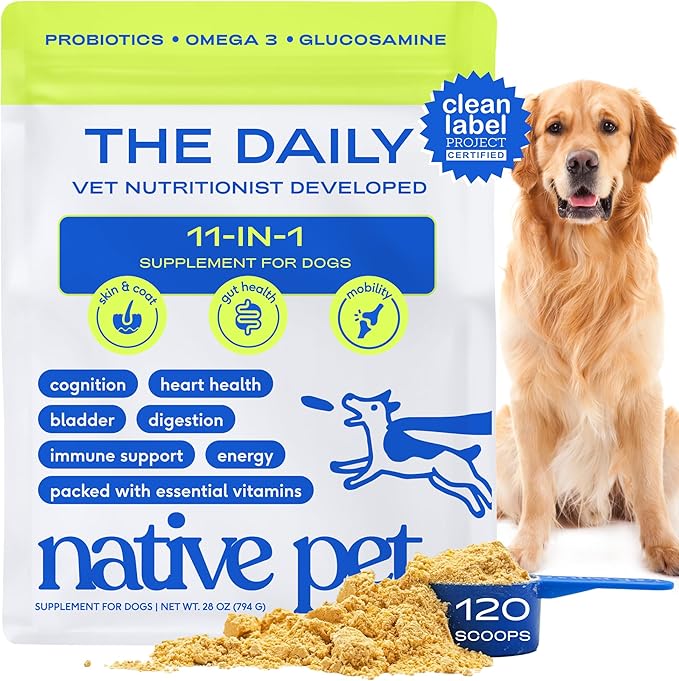 Native Pet Dog Vitamins & Supplements - 11-in-1 Vitamin Powder for Dog Food Topper - Collagen, Glucosamine, Probiotics, Omega & More- Supports Healthy Gut, Mobility & Overall Health - 120 Scoops