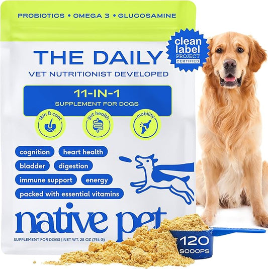 Native Pet Dog Vitamins & Supplements - 11-in-1 Vitamin Powder for Dog Food Topper - Collagen, Glucosamine, Probiotics, Omega & More- Supports Healthy Gut, Mobility & Overall Health - 120 Scoops