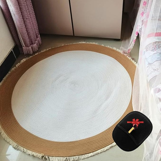 Cotton Rope Area Rug for Cats, Washable Round Vintage Reversible Woven Tassel Rug, Large Natural Premium Cotton Rope Cat Scratching Mat, Easy to Clean (White/Tan, 40inch)