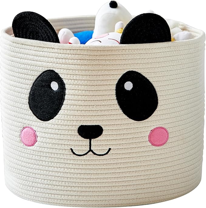 OMERAI Cotton Rope Storage Basket with Panda Design, 15"D x 12.6"H, Portable, Foldable, Multifunctional Laundry Basket