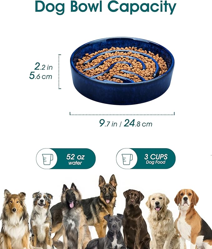 vancasso Slow Feeder Dog Bowl, 3 Cup Ceramic Slow Feeding Food Dish for Large Breed, Puzzle Dog Food Bowl for Fast Eater, Blue
