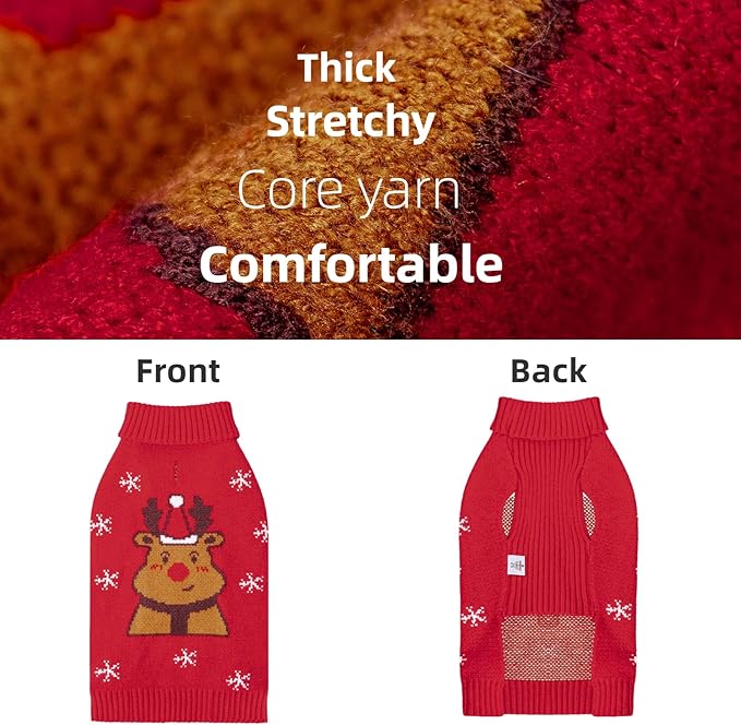 CuteBone Christmas Dog Sweater for Small Medium Dogs Reindeer Knit Red Puppy Sweater Turtleneck Pet Winter Clothes Cat Apparel with Harness Hole