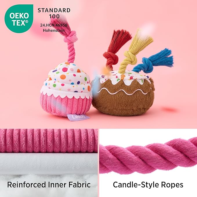 LE SURE Dog Birthday Cake Toy - Cute Dog Birthday Cake Squeaky Toy with Interactive Tug Rope, Interactive Chew Toy for Puppy Birthdays Party & Daily Play, XSmall, Pink