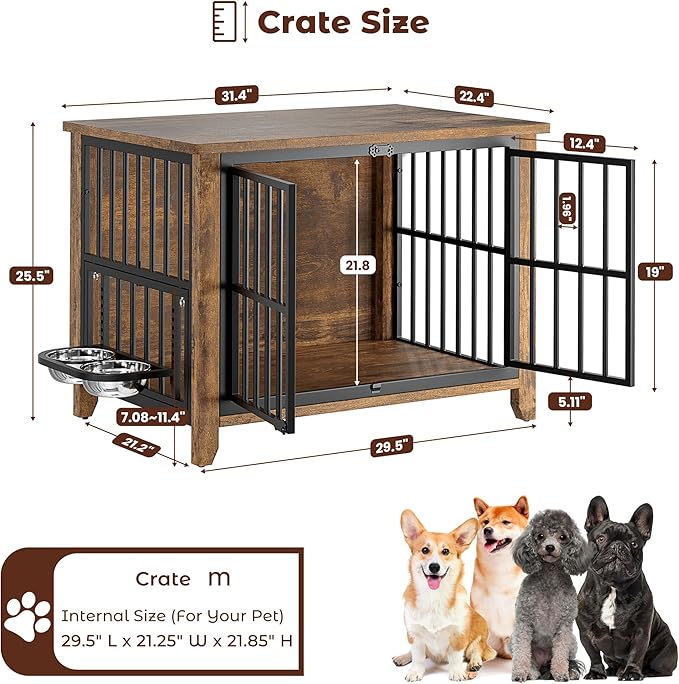 Lulive Dog Crate Furniture, Wooden Dog Kennel Indoor with Adjustable 360°& Height Dog Bowls, Double Doors Furniture Dog Crates End Table for Small/Medium 31.5" L*22.5" W*25.6" H, Brown