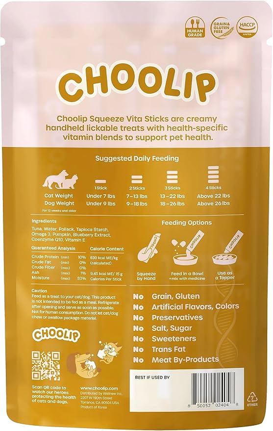 Choolip Squeeze Vita Stick Lickable Cat Treats & Dog Puree – 7-Count Kidney Support Tubes, Creamy Grain-Free Hydrating Puree, High-Protein Multivitamin Treats for Urinary & Kidney Health