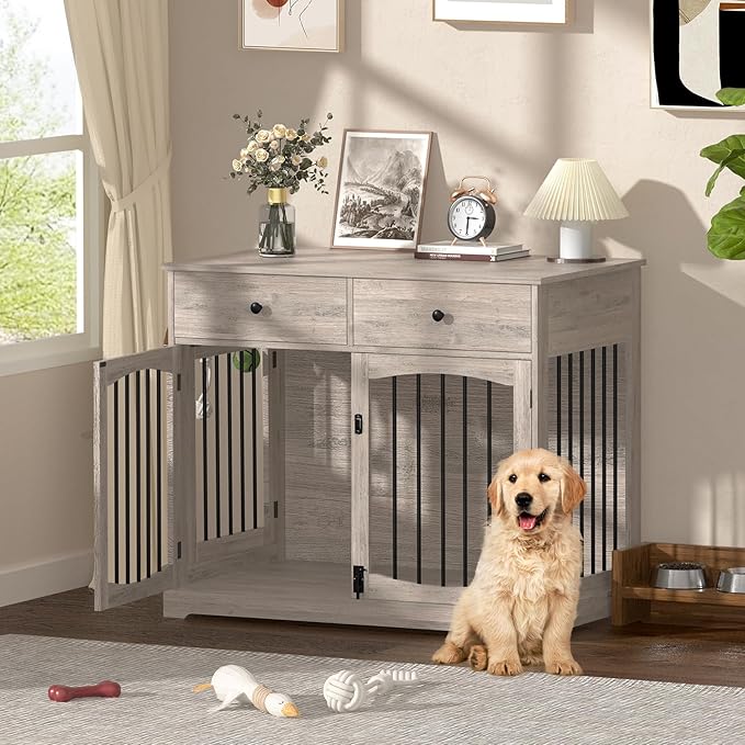 40'' Wooden Dog Crate Furniture–Farmhouse Dog Kenel-Multi Purpose Pet House with Double Doors, 2 Drawers, for Small, Medium & Large Dogs–Rustic Grey Finish