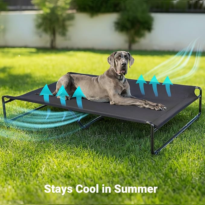 Veehoo Original Outdoor Elevated Dog Bed, Cooling Raised Dog Cot for Large Dogs, Portable Standing Pet Hammock Platform with Washable Breathable Mesh, No-Slip Feet, XX-Large, Black, CWC2201