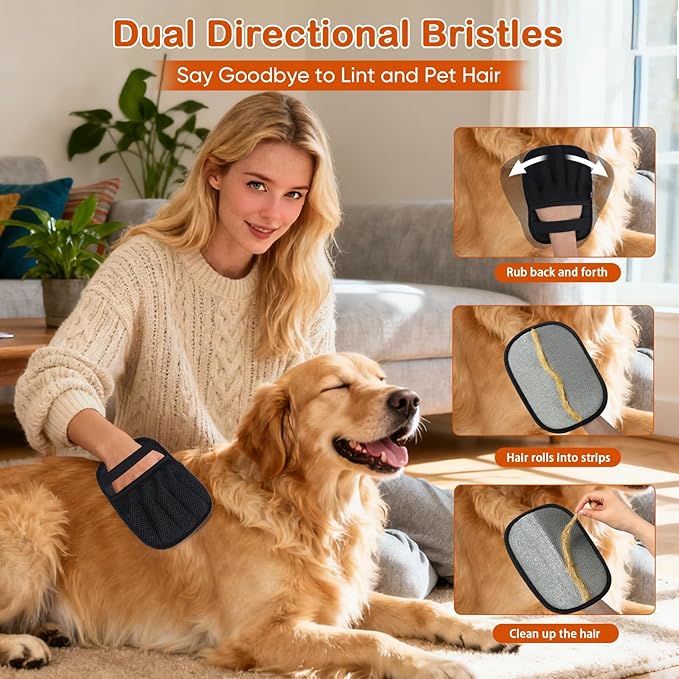 Pet Hair Removal Gloves 2-Pack - Upgraded Five-Finger Electrostatic Cats & Dogs Hair Brush Shedding | Reusable Pet Hair Remover Tool for Laundry, Furniture, Car Seat (Black)