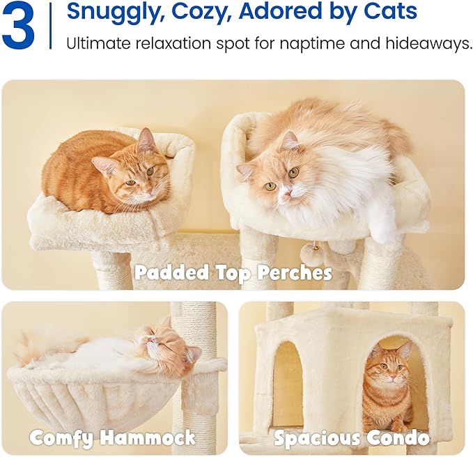 MWPO Large Cat Tree for Indoor Cats, 63-inch Cat Tower with 3 Cat Condos, Scratching Posts, Padded Perches, Hammock, Dangling Toys, Beige