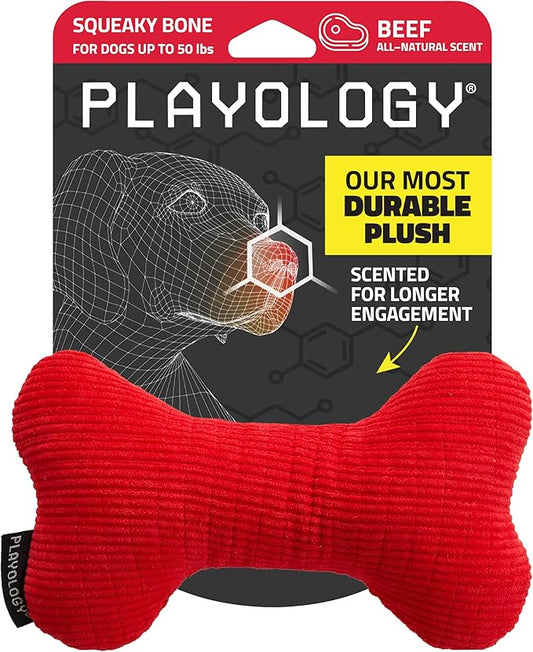Playology Dog Toys | Plush Squeaky Bone Chew Toy for Dogs | Medium Beef Scented Toy - Easy to Clean and Made from Non Toxic Materials