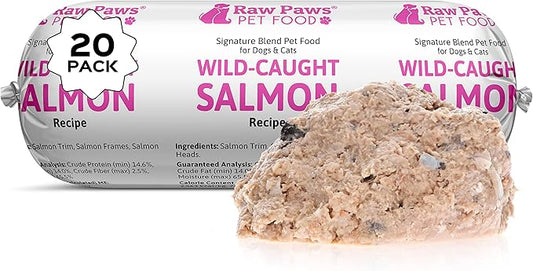 Raw Paws Signature Pet Food for Dogs & Cats - Wild Caught Salmon, 1-lb Rolls (20 Pack) Made in USA Salmon Dog Food - Raw Frozen Fish Dog Food - Sensitive Stomach Cat Food