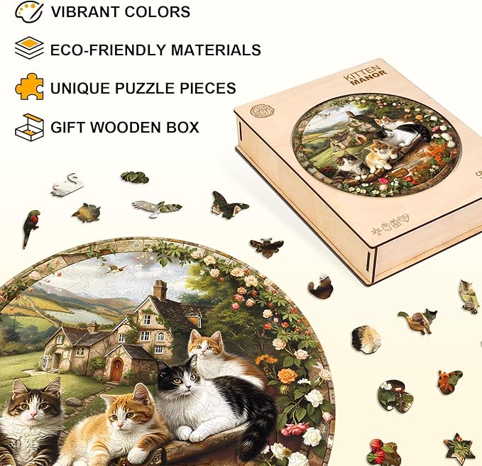 KAAYEE Wooden Puzzles for Adults, Kitten Manor Puzzles, 100 Piece Unique Animal Shape Puzzle, Cat Wood Puzzle for Adults, Creative Gifts for Cat Lover/Friends/Family, Home Decor(8.5 * 8.5in)