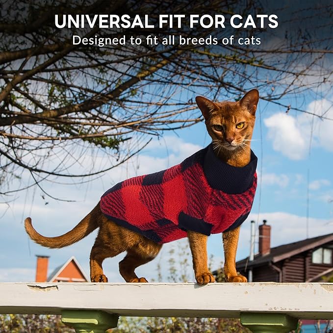 PUMYPOREITY Winter Warm Cat Sweater with Stretch Ribbed Collar & Cuffs, Snug & Secure Fit with Soft Plush Fleece, Easy-On Cat Sweatshirt for Indoor/Outdoor Use,Red, M