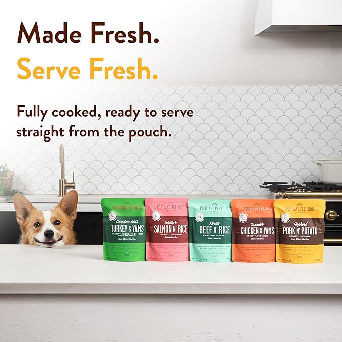 Portland Pet Food Company Fresh Dog Food Pouches - Human-Grade Toppers Wet Meal & Mixers - Grain-Free, Limited Ingredient Hopkin's Pork N’ Potato - Small & Large Breed Puppy & Senior Dogs - 5 Pack