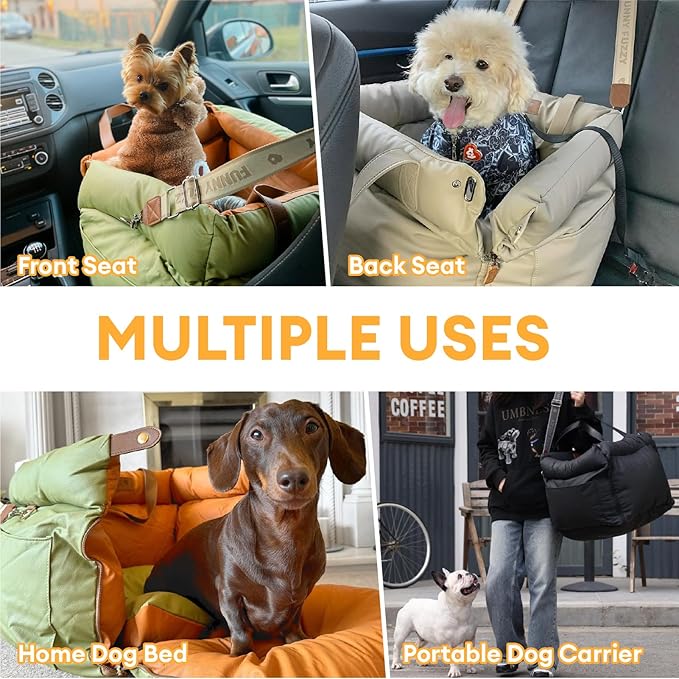 FUNNYFUZZY Dog Car Seat for Medium Sized Dogs, Waterproof 3 in 1 Soft Leather Dog Car Bed for Travel and Home,Portable and Safety,Fits Pets Up to 35 lbs(Black)