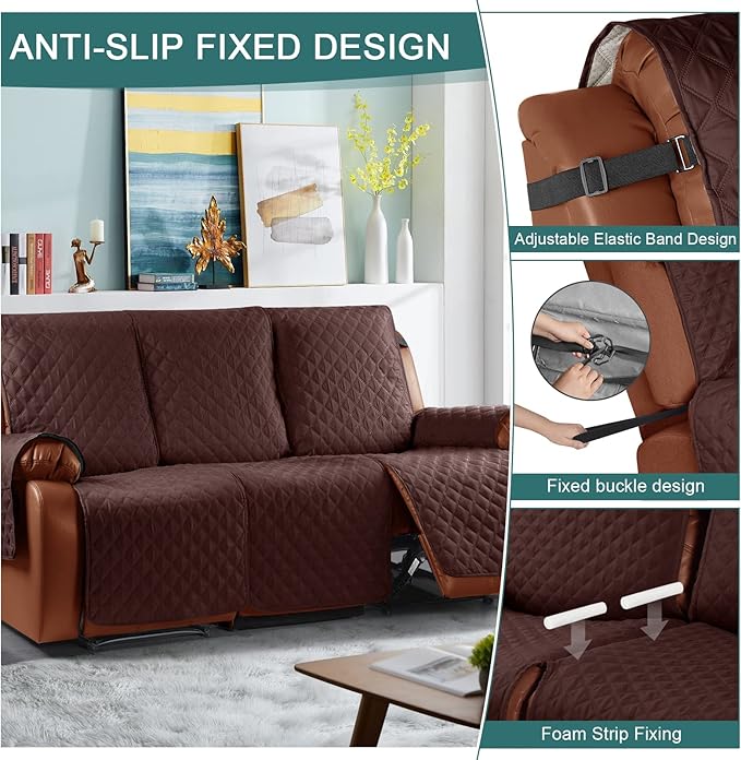 Ruaozz Waterproof Recliner Sofa Cover 1-Piece Couch Covers for Reclining Couches Reclining Sofa Cover Washable Furniture Protector with Elastic Straps Pocket for Kids, Pets (Coffee, 3 Seater)