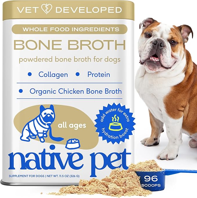 Native Pet Bone Broth for Dogs and Cats - Chicken Bone Broth Powder Dog Food Toppers for Picky Eaters - Provides Extra Nutrition for Joint Strength, Immune Support & Heart Health - 96 Scoops