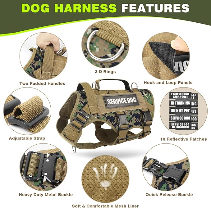 WINSEE Service Dog Vest Harness for Large Dog, Tactical Working MOLLE Vest with 10 Pet Patches, No Pull Heavy Duty Harness for Training Hunting Walking