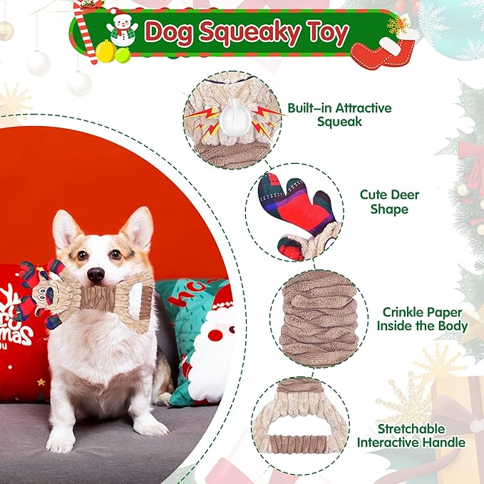 Christmas Dog Toys, Plush Squeaky Dog Toy with Crinkle Paper, Cute Christmas Puppy Toys with Cotton, Durable Interactive Dog Chew Toys for Puppy Small Medium Large Breed