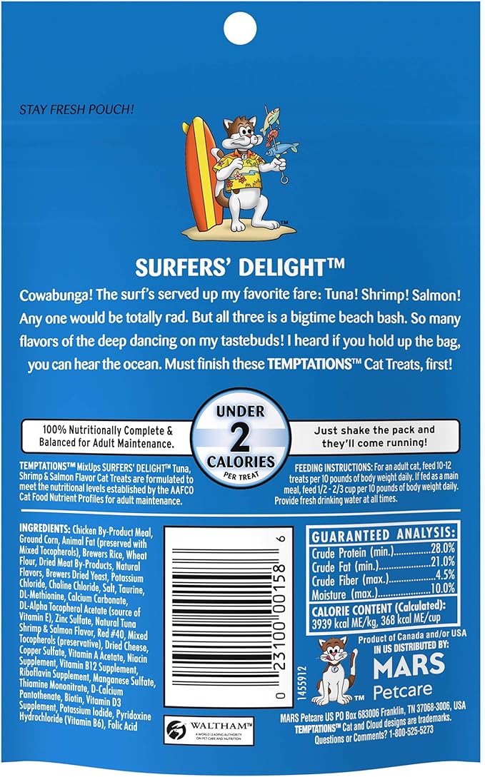 Temptations MixUps Surfer's Delight Flavor Crunchy and Soft Cat Treats, 3 oz. Pouch (Pack of 12)