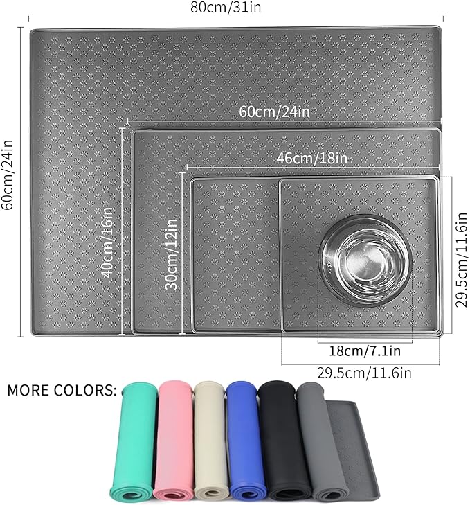 Ptlom Pet Placemat for Dog and Cat, Mat for Prevent Food and Water Overflow, Suitable for Small, Medium and Big Pet,24.5" 16.5", Grey