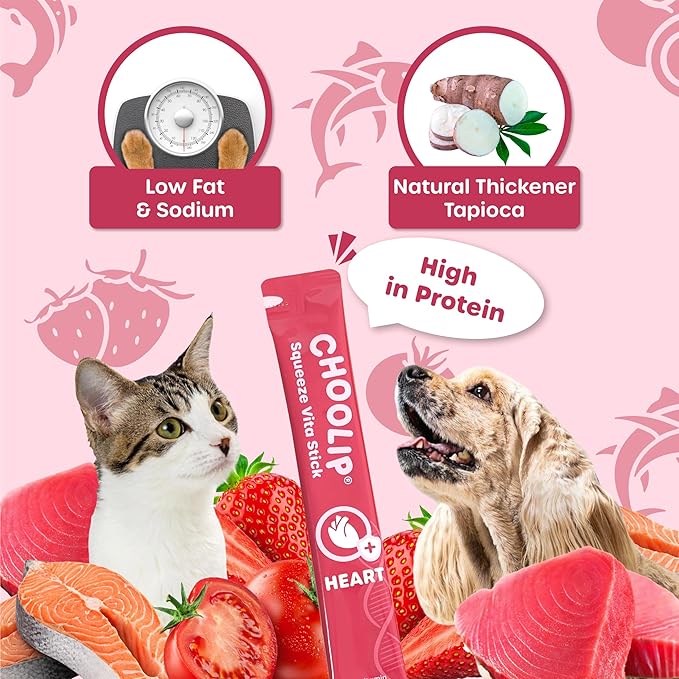 Choolip Squeeze Vita Stick Lickable Cat & Dog Treats – 14 Sticks (2×7 Value Bundle) Heart Support, Creamy Grain-Free Puree with Omega 3, Taurine, L-Carnitine & CoQ10 for Cardiovascular Health & Energy