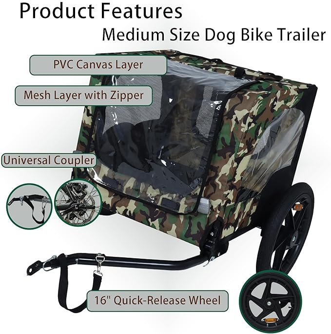 Collapsible Dog Bike Trailer for Small & Medium Pets - 16" All-Terrain Wheels, Universal Hitch, Quick Release & Non-Slip Floor - Internal Leash, Bicycle Accessories