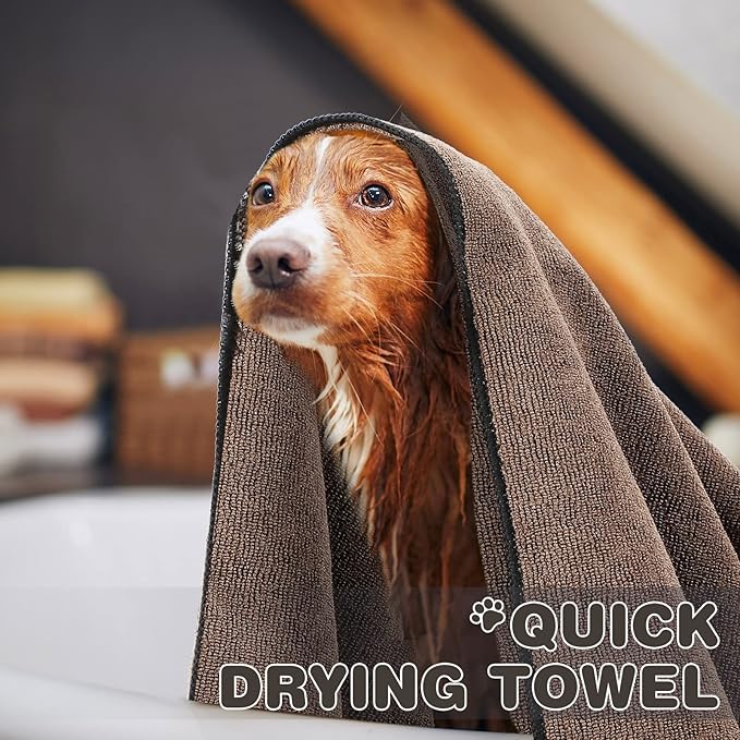Chumia 4 Pack Dog Towels for Drying Large Microfiber Grooming Tools Absorbent Soft Bath Supplies with Embroidered Paw for Small Medium Pet Products(16 x 32 Inch,Brown)