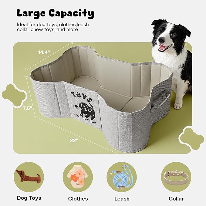 Dog Toy Basket, Collapsible Dog Bone Baskets for Toys, Dogs Storage Organizer with PU Handles, Pet Toys Basket with Bone Shape Design, Toy Baskets for Dogs, Gray