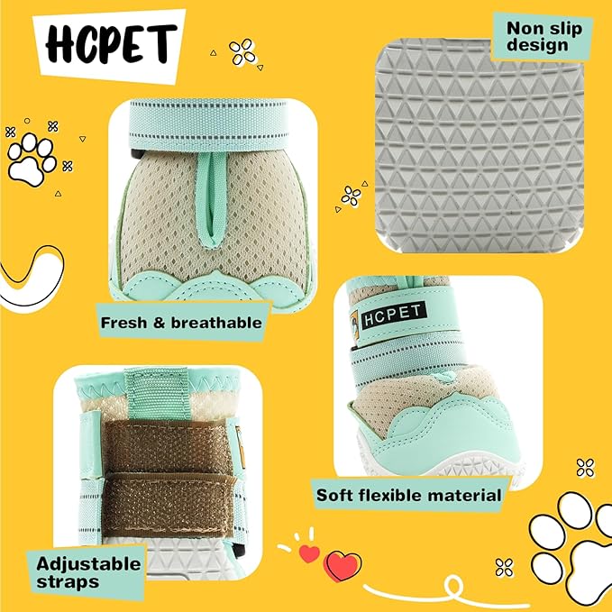 Hcpet Dog Shoes for Large Dogs, Breathable Dog Booties for Small Medium Dogs, Anti-Slip Dog Boots & Paw Protectors for Hot Pavement Winter Snow Hiking with Reflective Straps Green Size 7