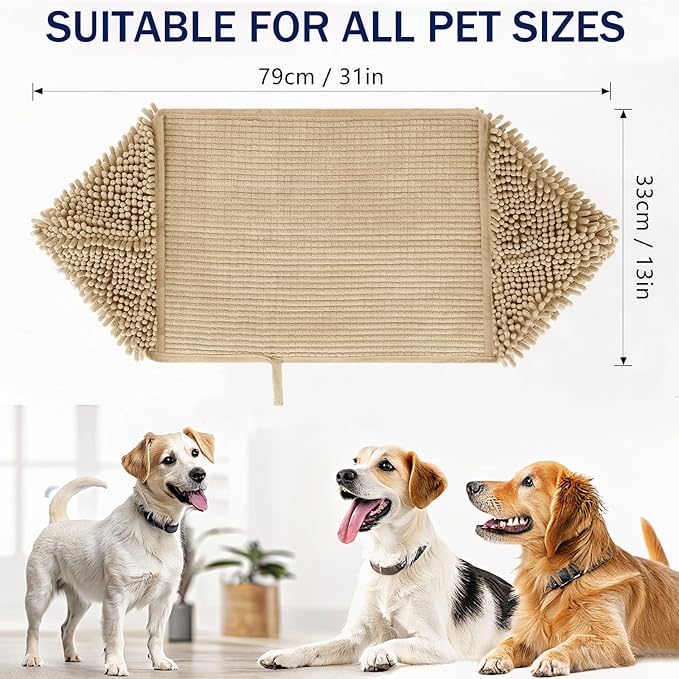 OLANLY Chenille Dog Bath Towel 31x13, Ultra Absorbent Quick Dry Pet Towel, Extra Soft Washable Plush Towel for Large Dogs & Puppies, Indoor Outdoor Use, Beige