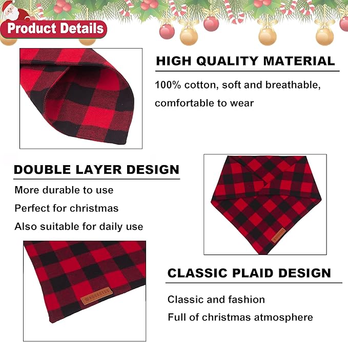 ADOGGYGO Christmas Dog Bandanas 2 Pack, Premium Cotton Fabric, Multiple Sizes Offered, White Red Plaid Bandanas for Small Dogs (Small)