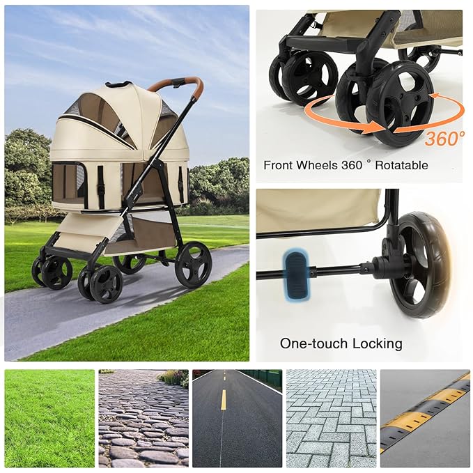 4 Wheels Pet Stroller for Small/Medium Dogs and Cats with Detachable Carrier and Storage Basket,One Click Folding, Compact Portable,3 in1 Multifunctional (Grey)