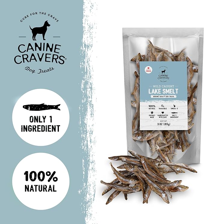 Canine Cravers Single Ingredient Dog Treats – Wild Caught Lake Smelt - Human Grade Air Dried Hypoallergenic Pet Food – Grain, Gluten, and Soy Free – 100% All Natural – 3 oz (Pack of 2)