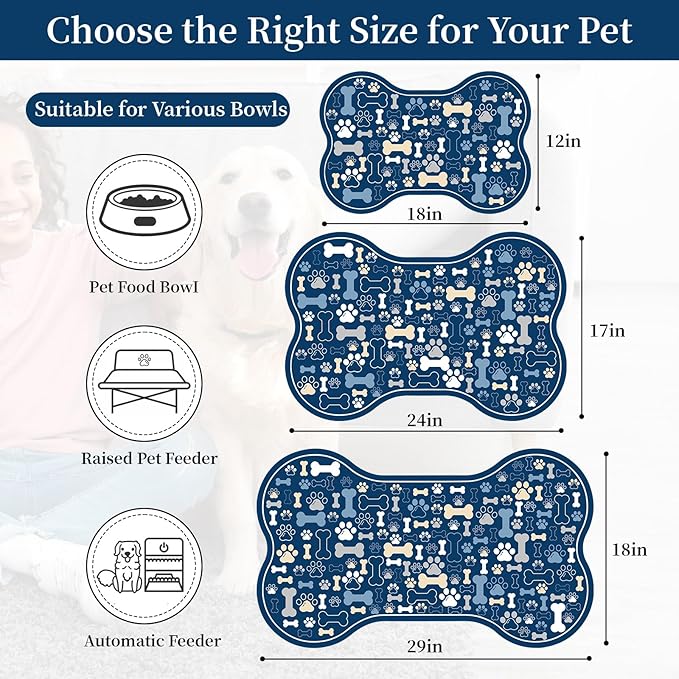 Dog & Cat Food Mat Bone Shaped Pet Feeding Mat Quick Absorb Water Bowl Placemat with Rubber Backing Indoor Floor Stain Resistant Pet Accessory Supplies (Blue, 12x24 Inches)